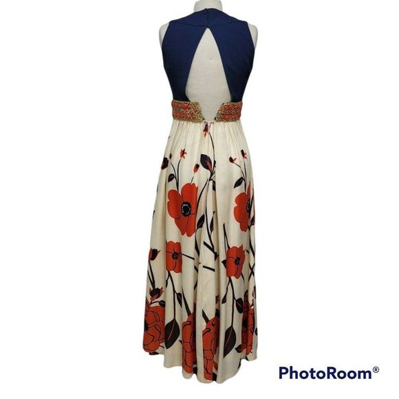 Vintage 60s 70s Union Made Maxi Dress Navy Orange Floral Skirt Beaded Waist - Picture 6 of 12
